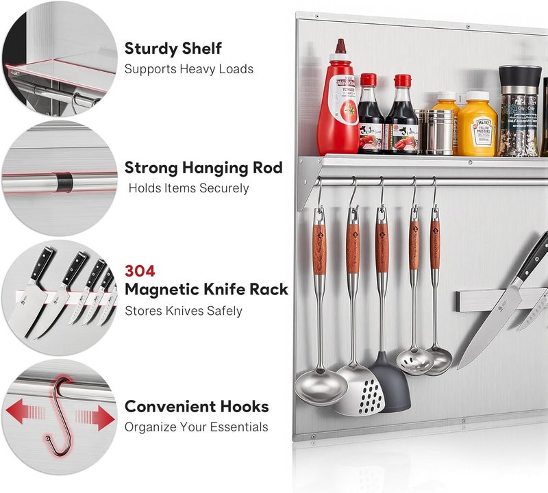 Wilprep Store Range Backsplash, 30"x30" Stainless Steel Backsplash with Storage Shelf & Magnetic Knife Rack, Range Hood Stainless Steel Backsplash for Stove, Range Hood Wall Shield with Pre-Drilled Holes - Image 4